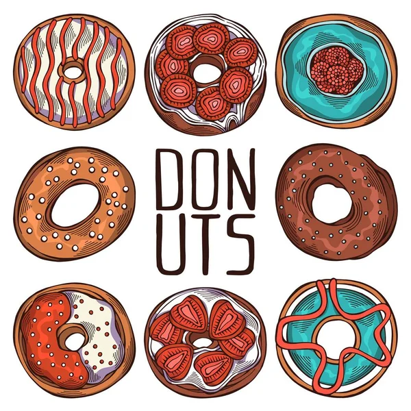 Conjunto Dibujado Mano Rosquillas Coloridas Dibujos Animados Con Diferentes Aspersiones — Vector de stock