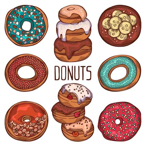 Conjunto Dibujado Mano Rosquillas Coloridas Dibujos Animados Con Diferentes Aspersiones — Vector de stock