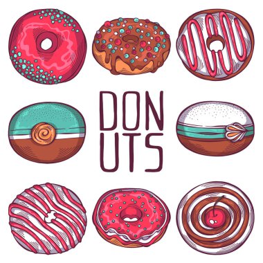 Beyaz arka planda izole edilmiş farklı parçacıklar serpiştirilmiş renkli çizgi film donutları. Menü tasarımı, kafe dekorasyonu ve servis kutusu kapağı için hamur işi. Vektör illüstrasyonu