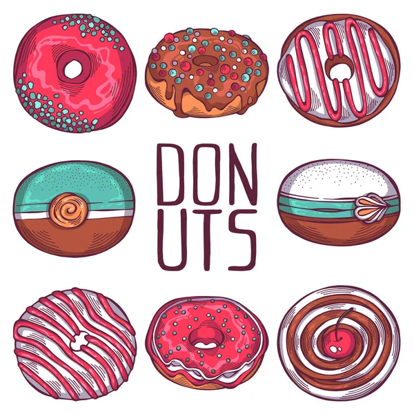 Conjunto Dibujado Mano Rosquillas Coloridas Dibujos Animados Con Diferentes Aspersiones — Vector de stock