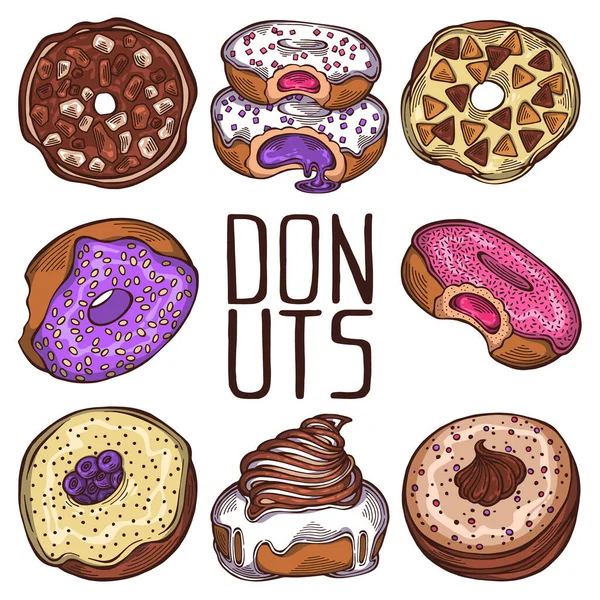 Conjunto Dibujado Mano Rosquillas Coloridas Dibujos Animados Con Diferentes Aspersiones — Vector de stock