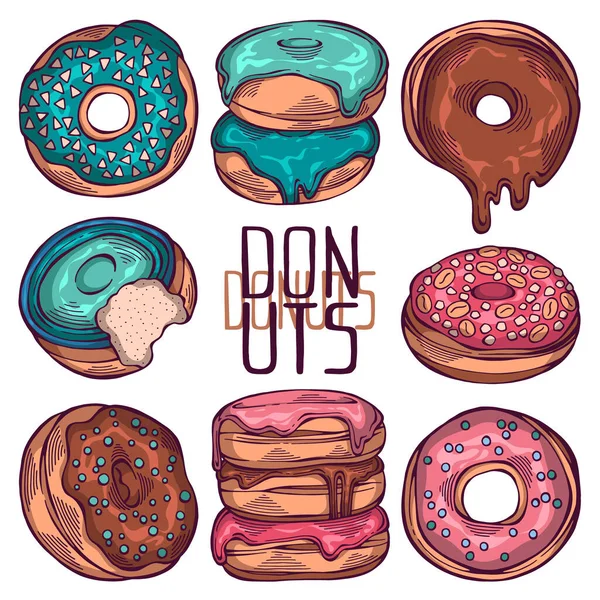 Conjunto Dibujado Mano Rosquillas Coloridas Dibujos Animados Con Diferentes Aspersiones — Vector de stock