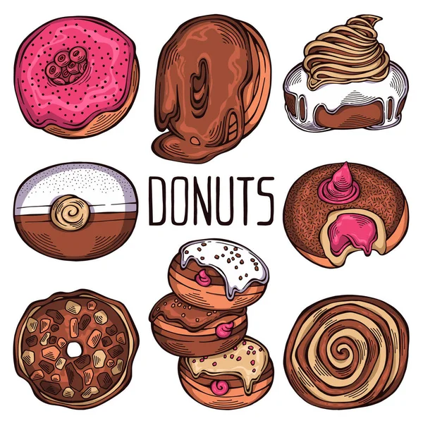 Conjunto Dibujado Mano Rosquillas Coloridas Dibujos Animados Con Diferentes Aspersiones — Vector de stock