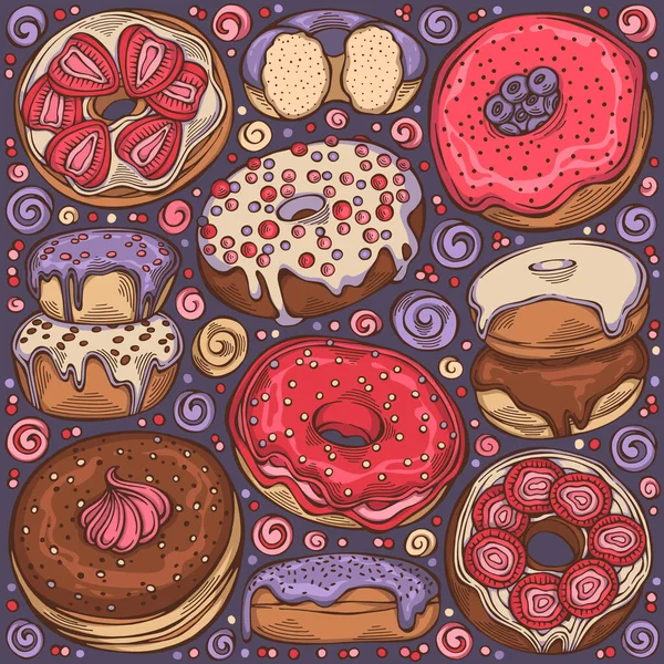 Colorido Conjunto Dibujado Mano Donuts Tema Artículos Objetos Símbolos Pastelería — Archivo Imágenes Vectoriales