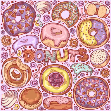 Renkli el çizimi donut teması - ögeler, nesneler ve semboller. Menü tasarımı, kafe dekorasyonu ve servis kutusu kapağı için hamur işi. Vektör illüstrasyonu
