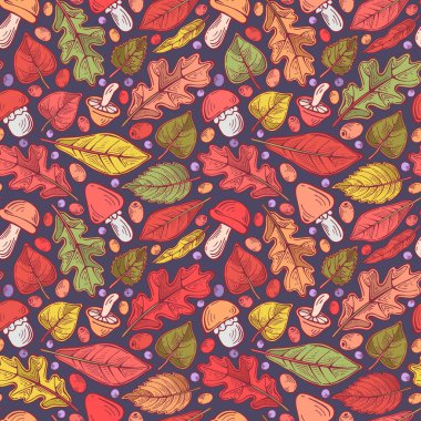 Mantar, böğürtlen ve yapraklarla elle çizilmiş renksiz desen. Hediye kağıdı, tekstil, sonbahar tebrik kartları, duvar kâğıdı ve desen doldurmak için kullanılabilir. Yaratıcı vektör illüstrasyonu