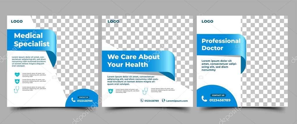 Medical social media post template. Modern banner design with blue color ribbon decoration and place for the photo. Suitable for social media, websites, flyers, and banners.