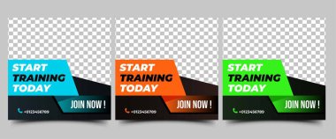 Spor salonu, spor salonu ve sosyal medya şablonu tasarımı. Mavi, turuncu ve yeşil renkli modern pankart dizaynı. Sosyal medya, el ilanları, afişler ve web siteleri için kullanılabilir.