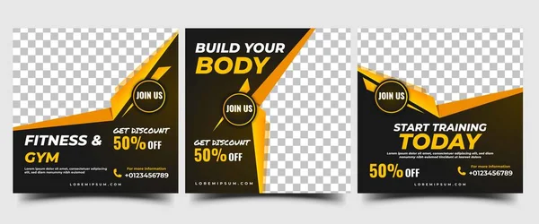 Ginásio Fitness Social Media Post Template Conjunto Design Banner Editável — Vetor de Stock