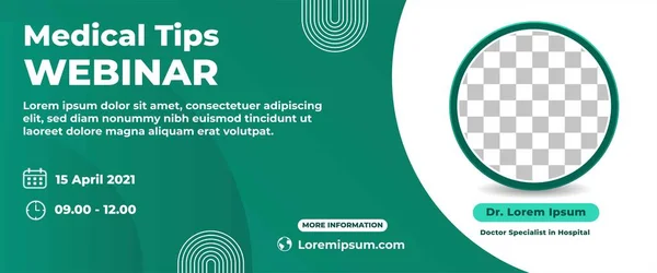 Tıbbi Webinar yatay web pankartı tasarım şablonu. Fotoğraf için yeşil arkaplan rengi ve yeri olan modern afiş.