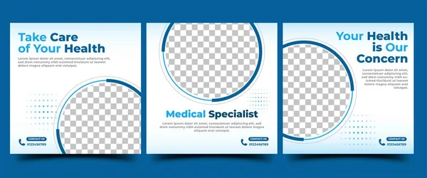 Tıbbi sosyal medya şablon tasarımı seti. Mavi çizgi çerçeve renginde modern pankart tasarımı. Sosyal medya paylaşımı, el ilanı, kart ve web sitesi için kullanılabilir.