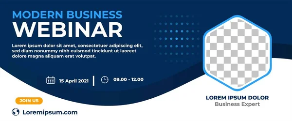 İş Webinar yatay afiş tasarımı. Fotoğraf için koyu mavi ve beyaz arkaplan renginde modern pankart tasarımı.