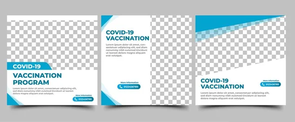 Covid-19 Aşıları Sosyal medya şablonu. Soyut mavi çerçeveli beyaz arkaplan. Sosyal medyada, afişte ve web sitesinde duyuru ve tanıtım için mükemmel.