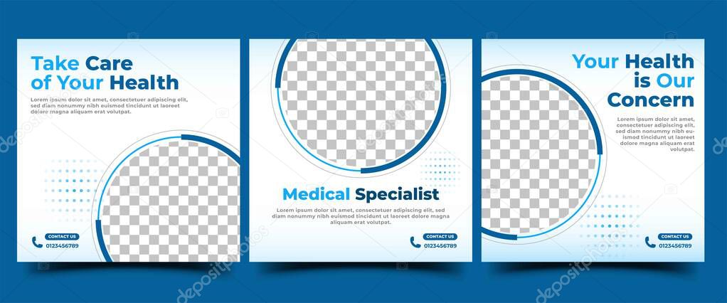 Set of Medical social media post template design. Modern banner design with blue line frame color. Usable for social media post, flyer, card, and website.
