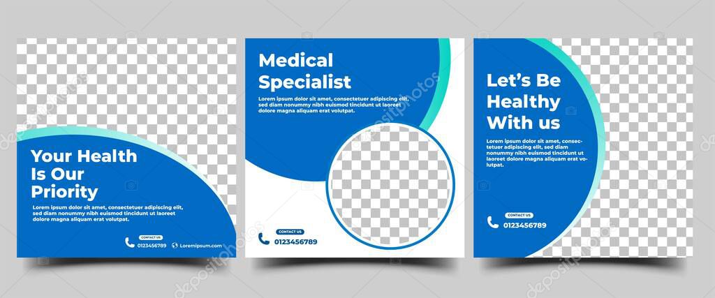 Medical and health care social media post template. Usable for social media, flyers, banners, and web internet ads.