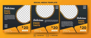 Düzenlenebilir kare pankart dizaynı. Gıda sosyal medya şablonu. Turuncu şekilli siyah arkaplan. Sosyal medya ve internet reklamları için kullanılabilir. Fotoğraf kolajlı düz tasarım vektörü.