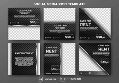 Set of Editable square banner template. Black background with carbon pattern illustration. Flat design vector with a photo collage. Usable for social media, banner, and web internet ads. clipart