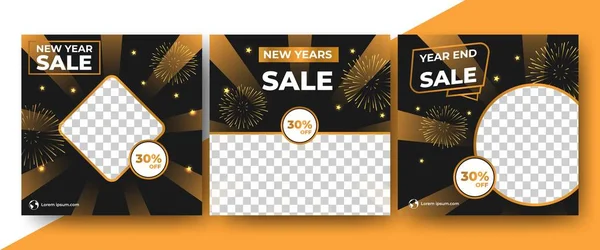 Set New Year Square Banner Template Black Background Fireworks Shape — Stock Vector
