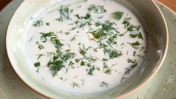 Traditionelle köstliche russische Sommersuppe Okroshka aus hausgemachtem Joghurt oder Kefir, Gurken, Rettich, frischen Kräutern und Eiern. Kalte Gemüsesuppe. Russisches Essen. Aus nächster Nähe. Selektiver Fokus. — Stockfoto