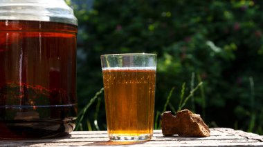 Süper yemek modası Chaga mantarı ve mantar çayı bir bardakta ve ahşap arka planda doğal huş ağacı mantarı parçaları. Sağlık içeceği. Bitki inonotus obliquus sağlık için iyidir.. 