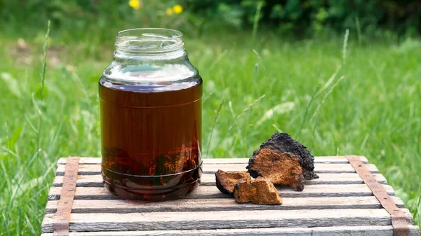 Superfood desintoxica el té natural de setas chaga en un frasco de vidrio con trozos de setas naturales de abedul sobre un fondo de madera. Beber sano. —  Fotos de Stock