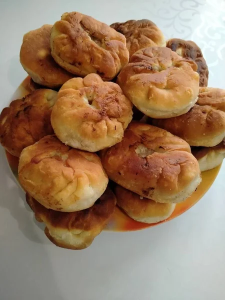 Prato Tortas Carne Tortas Caseiras Doces Bolos Caseiros Belyashi — Fotografia de Stock