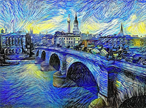 ゴッホの星の夜の絵画のスタイルで作成されたロンドン橋の楽しい芸術的なデジタル画像 — ストック写真