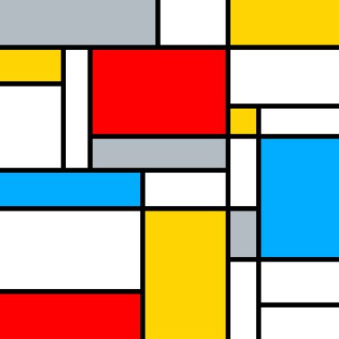 Mondrian tarzında eğlenceli, parlak ve renkli bir kompozisyon.