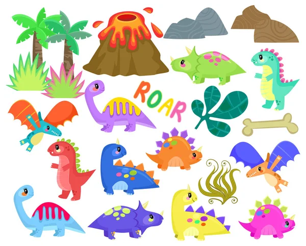 A set of cute baby dinosaurs with plants, rocks and volcano for scene making projects.