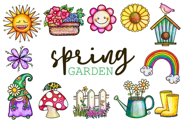 Eine Reihe Von Digital Erstellten Aquarell Stil Spring Garden Illustrationen — Stockvektor