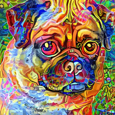 Sanatsal olarak tasarlanmış ve dijital olarak resmedilmiş, soyut empresyonist tarzda küçük sevimli bir köpeğin portresi..