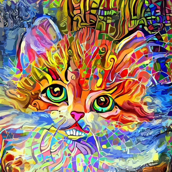 一种艺术设计的 数码绘画的 抽象的印象派风格的肖像画 描绘一只可爱的毛绒绒小猫 带着傻笑 — 图库照片