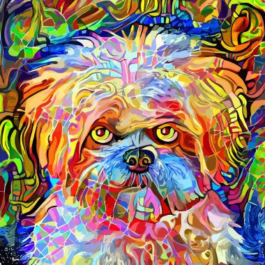 Sanatsal olarak tasarlanmış ve dijital olarak resmedilmiş, soyut empresyonist tarzda küçük, tüylü, teriyer bir köpeğin portresi..