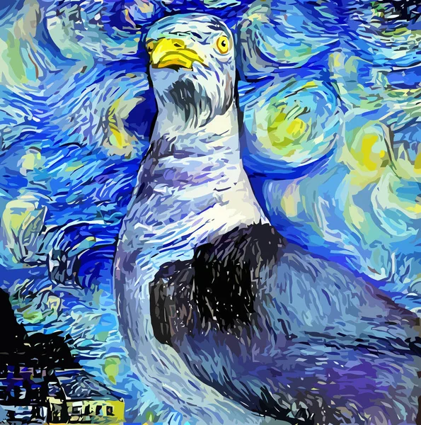 Artistically Designed Digitally Painted Starry Night Impressionist Style Portrait Seagull — Stock Photo, Image