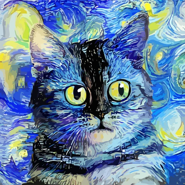 可愛くてふわふわの猫の芸術的なデザインとデジタルで描かれた抽象的な印象派の星空の夜のスタイルの肖像画 — ストック写真