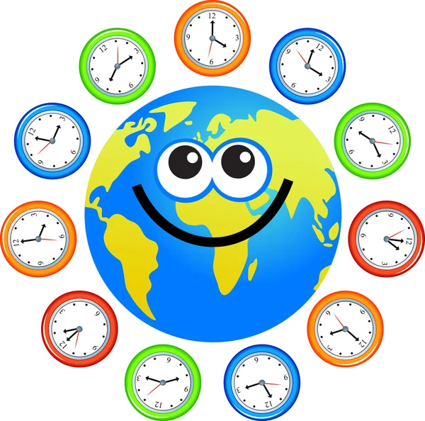 Gülümseyen Küre ve saatler — Stok Vektör