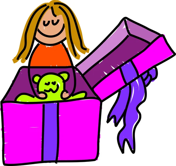 Nettes kleines Mädchen eröffnet Geschenk. — Stockvektor