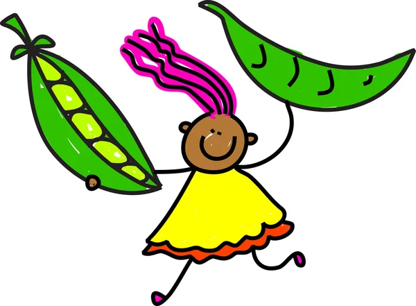 Happy little ethnic girl holding pea pods. — Stock Vector