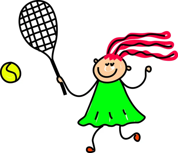 Chica jugando tenis sobre un fondo blanco — Vector de stock