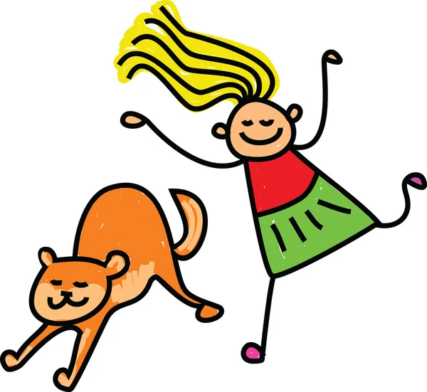 Happy stick figure little girl chasing a pet cat. — Stock Vector