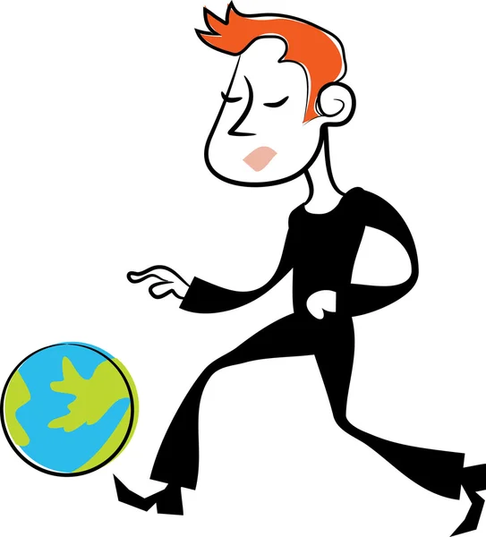 Homme Coup de pied globe dessin animé — Image vectorielle