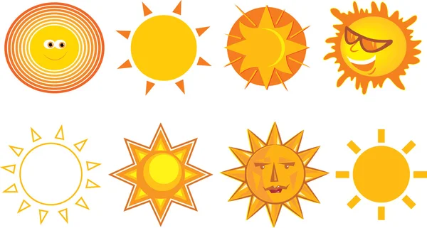 Set de diferentes sonrientes sol amarillo, naranja y rojo — Vector de stock