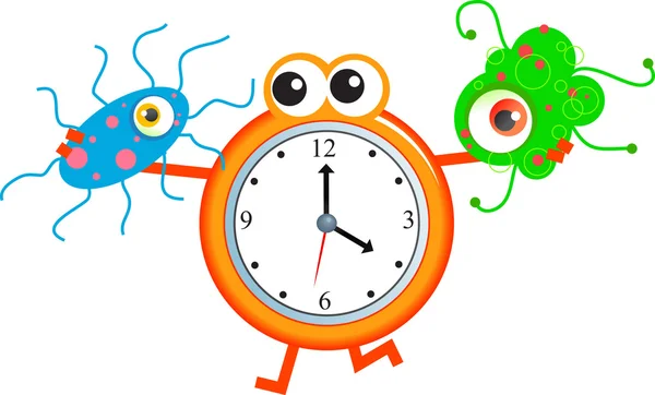 Bactérias relógio de tempo desenhos animados — Vetor de Stock
