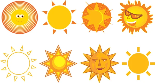Aantal verschillende lachende geel, oranje en rode zon — Stockvector