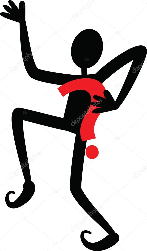 A silhouette stick man holding question mark symbol.