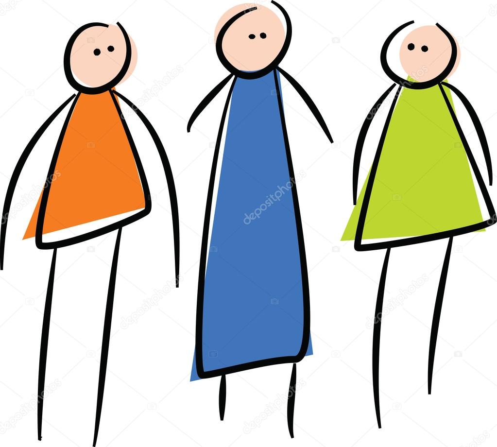 Three stick people standing in a line