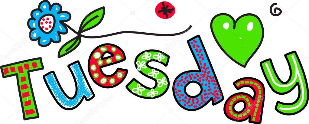 Hand drawn and colored whimsical cartoon special occasion and expression text that reads TUESDAY.