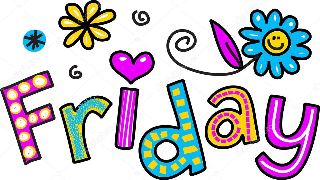 Hand drawn and colored whimsical cartoon special occasion and expression text that reads FRIDAY.