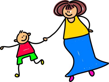 Anne ve oğlu elini tutarak ile mutlu aile
