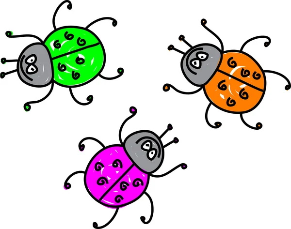 Caprichoso dibujo de tres escarabajos — Vector de stock